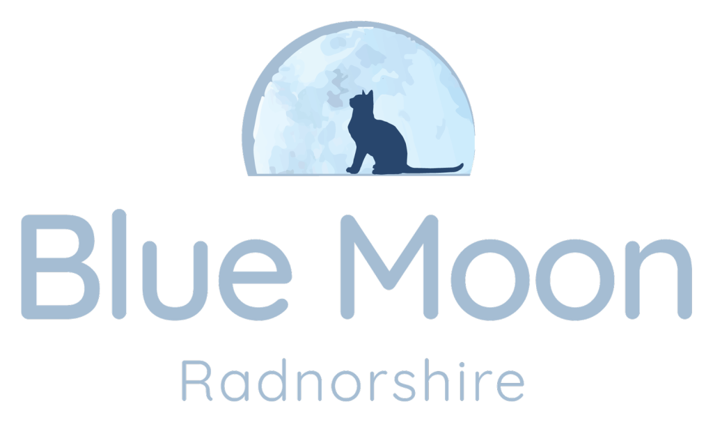 A subtle yet endearing cat silhouette graces this Blue Moon Wine logo, depicting one of their beloved felines, Dylan or Seren, gazing up at the Blue Moon.
