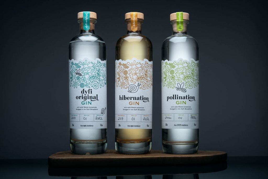 Three elegant bottes of Dyfi Distillery Gins, their Original, Hibernation and Pollination Gin selection.