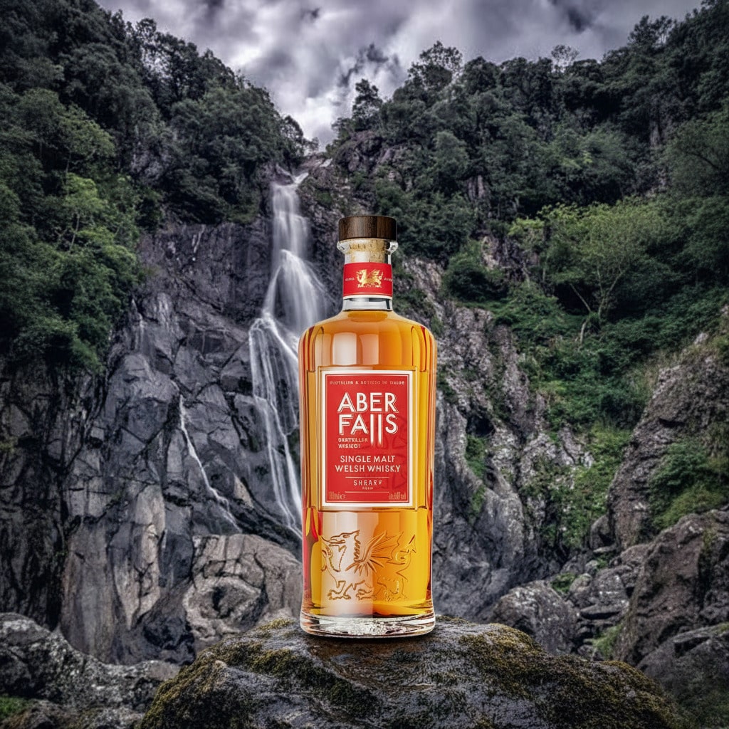 Aber Falls Distillery Single Malt Whisky with water fall in the background.